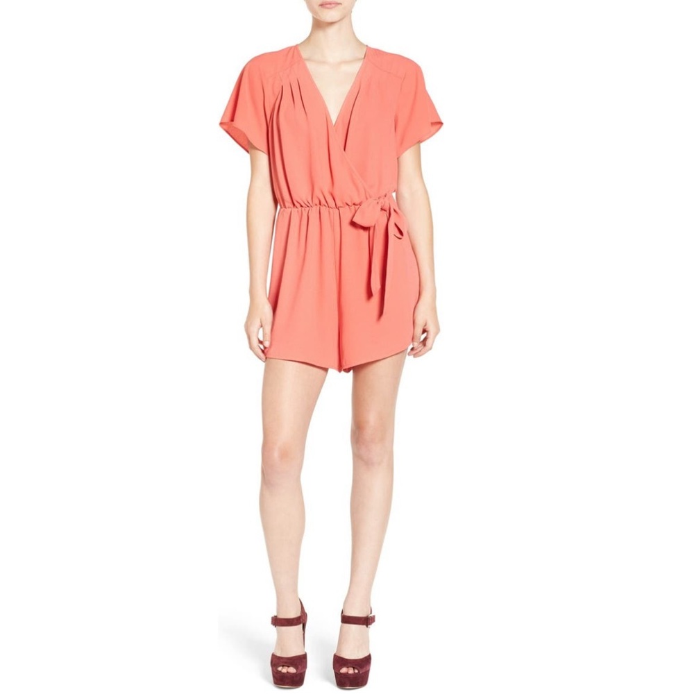 LEITH Flutter Sleeve Surplice Romper, Coral, M